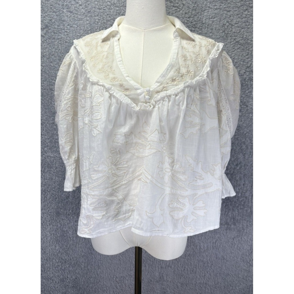 Anthropologie Heirloom Swing Embroidered Lace Blouse Ivory Boxy Oversized Medium - Picture 3 of 10